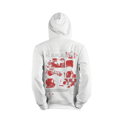 White hoodie with red graphic design on a white background