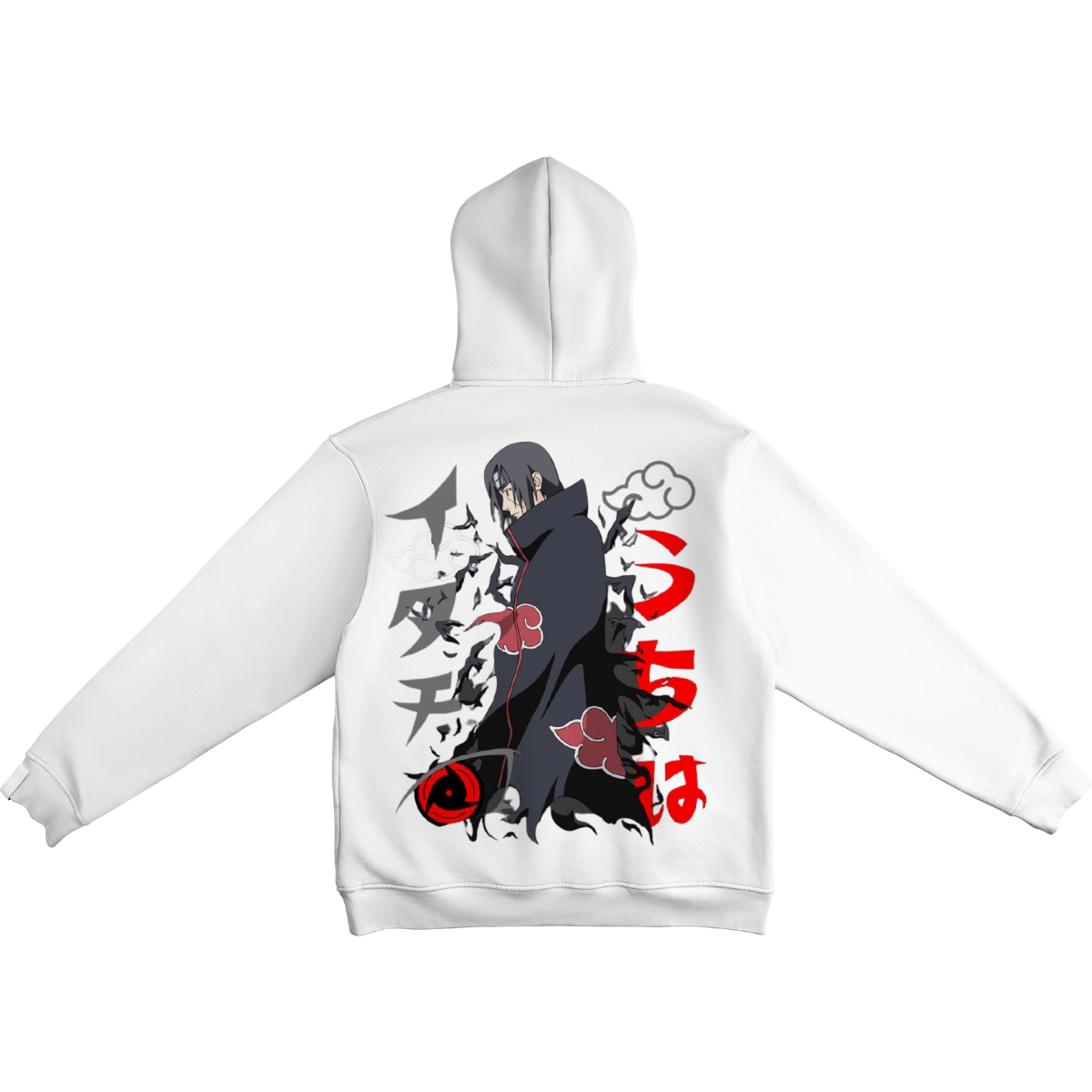 Itachi Uchicha White hoodie with character and text design on a white background