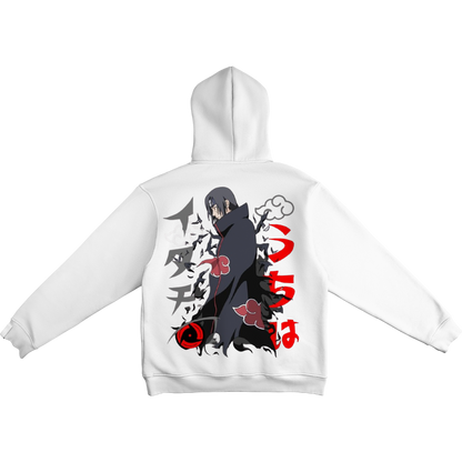 Itachi Uchicha White hoodie with character and text design on a white background
