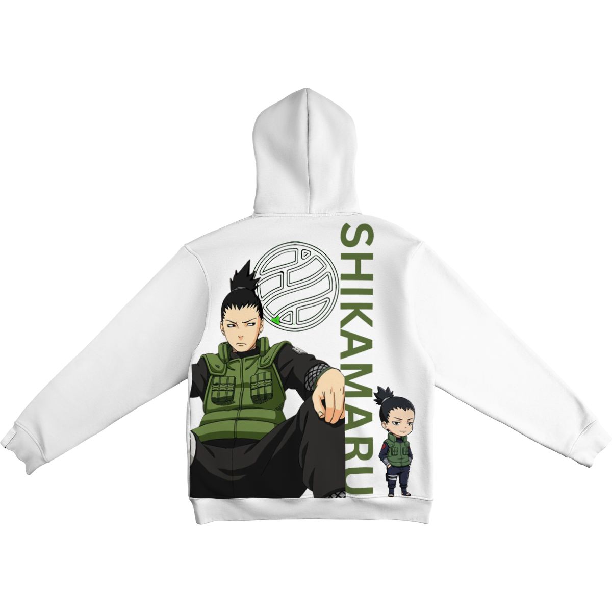 White hoodie with Shikamaru design and text on a white background