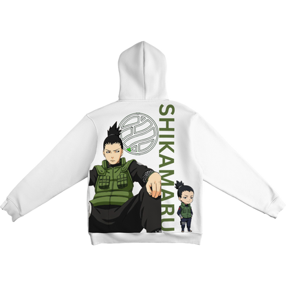 White hoodie with Shikamaru design and text on a white background