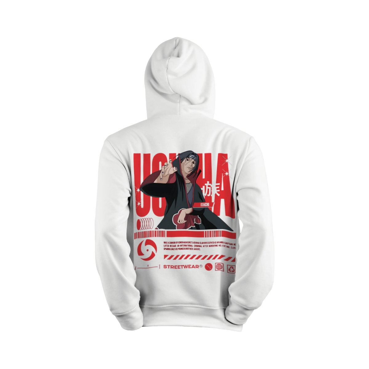 Itachi Uchicha White hoodie with Itachi Uchicha  and text design on Back