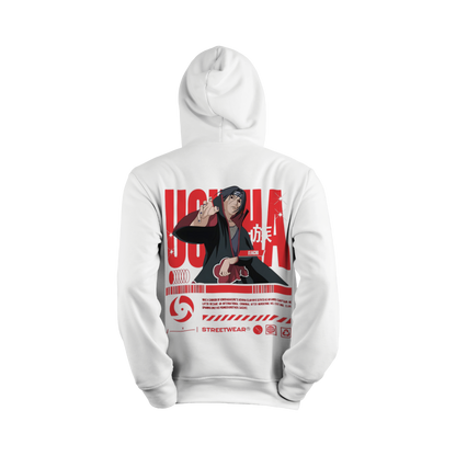 Itachi Uchicha White hoodie with Itachi Uchicha  and text design on Back