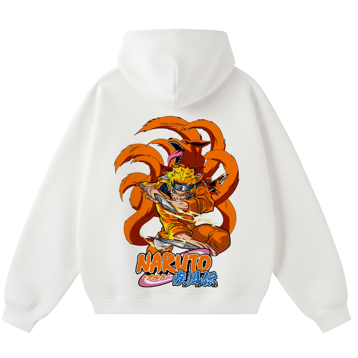White hoodie with Naruto graphic design on a white background
