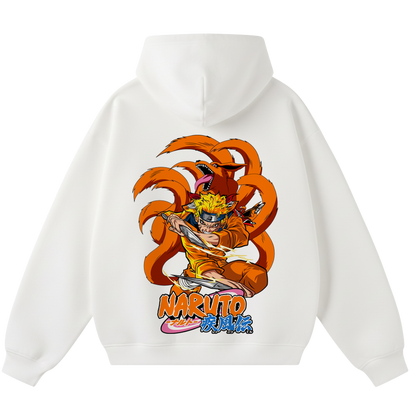 White hoodie with Naruto graphic design on a white background