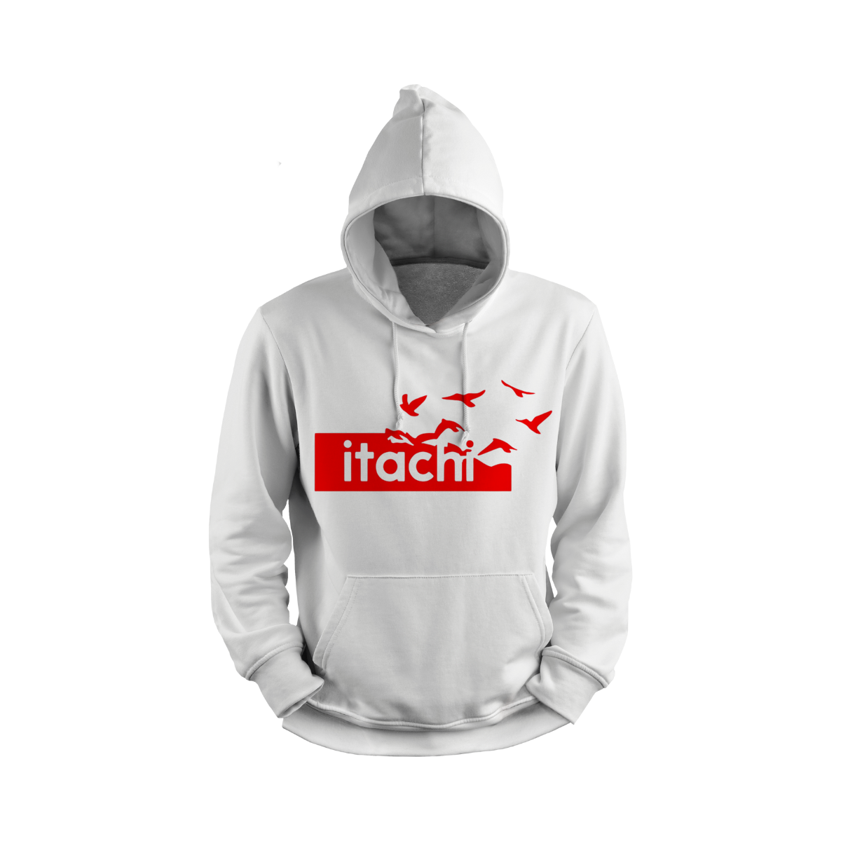 Itachi Uchicha White hoodie with red 'itachi' logo on a white background