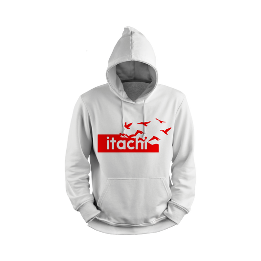 Itachi Uchicha White hoodie with red 'itachi' logo on a white background