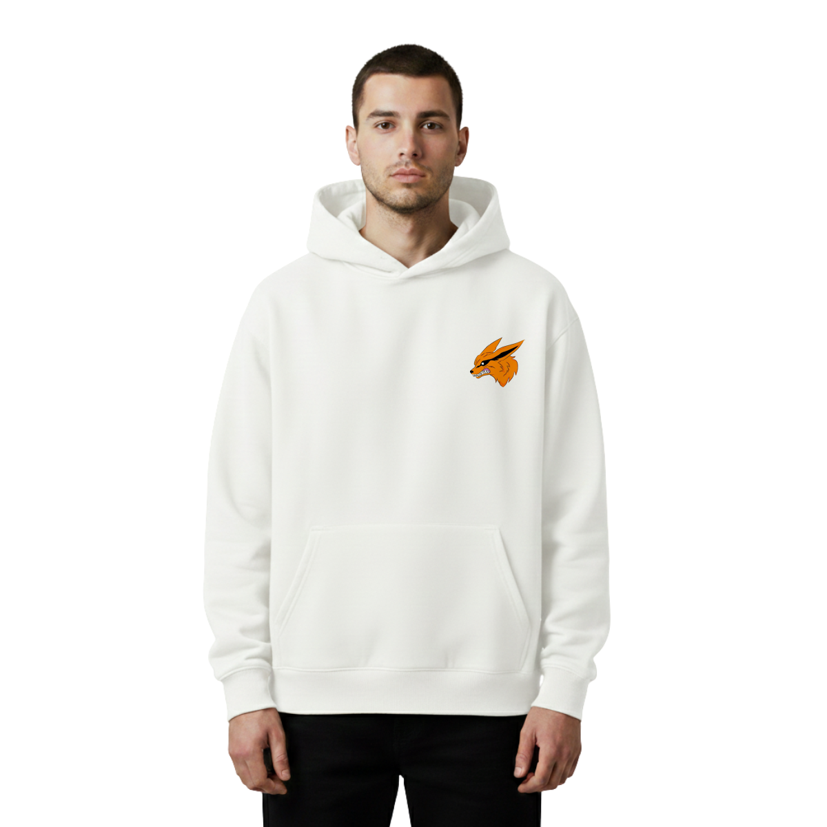 Person wearing a white hoodie with a logo on a white background