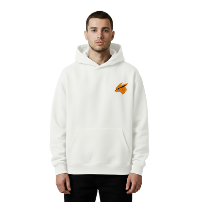 Person wearing a white hoodie with a logo on a white background