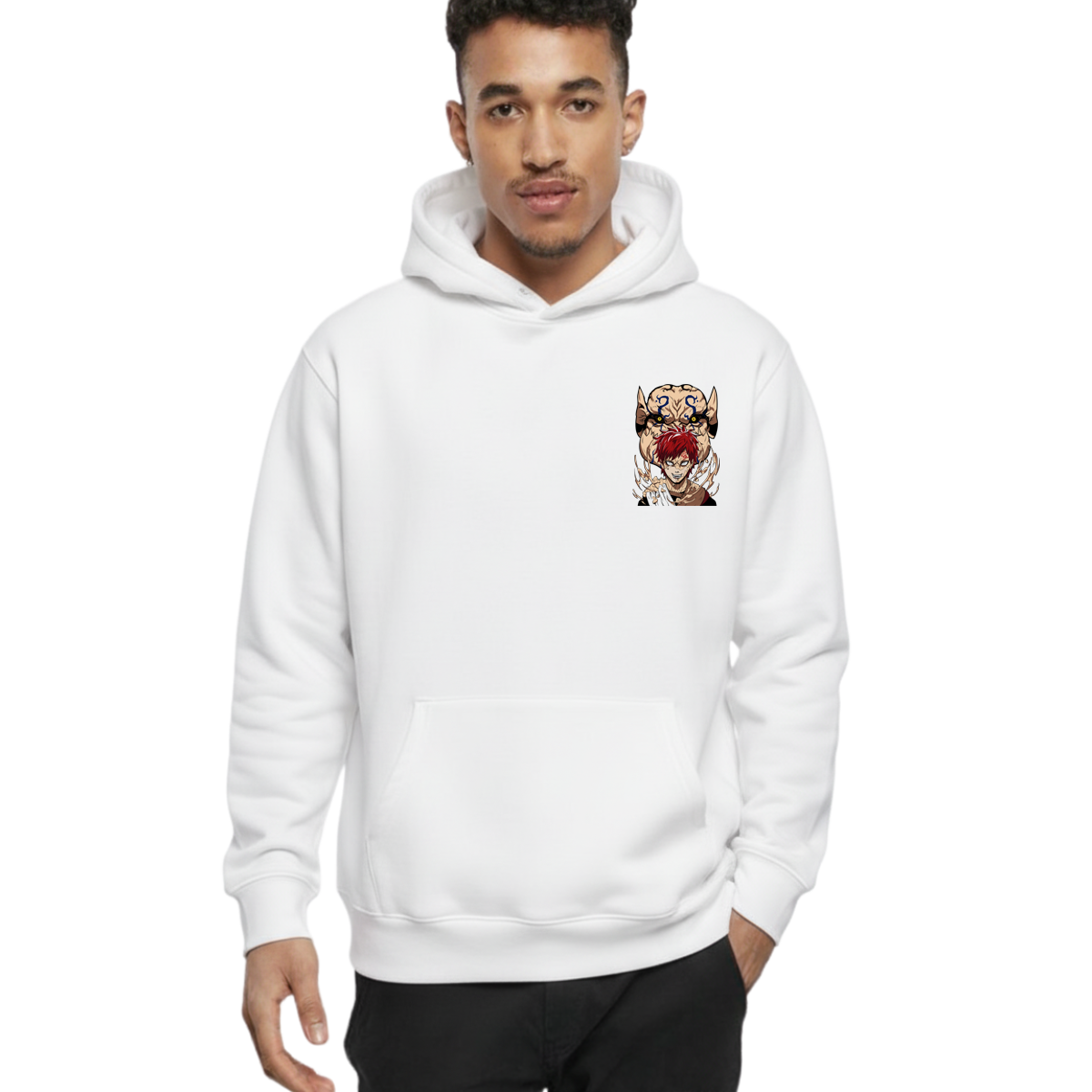 White hoodie featuring anime character with red hair and demon mask graphic on chest