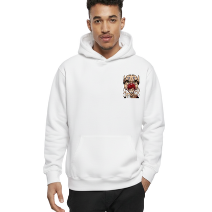 White hoodie featuring anime character with red hair and demon mask graphic on chest