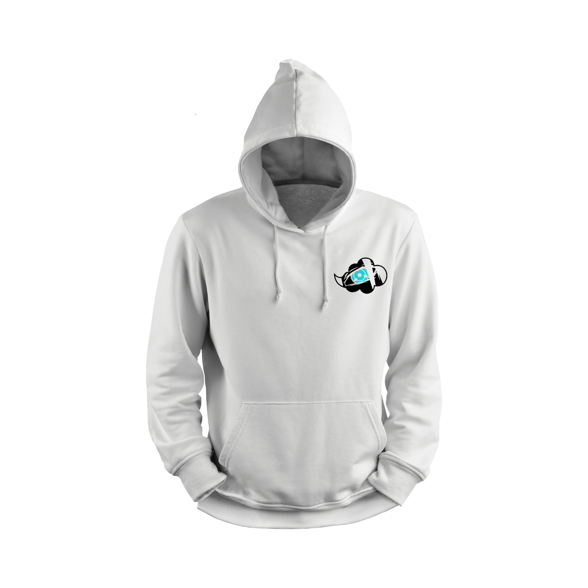 White hoodie with a small logo on the chest against a white background