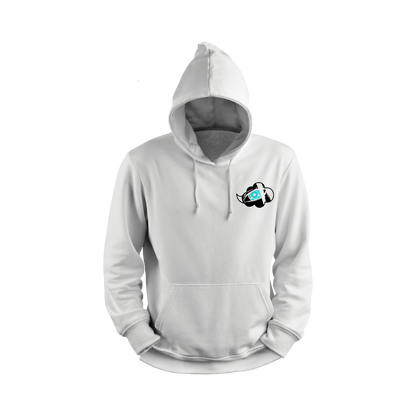 White hoodie with a small logo on the chest against a white background
