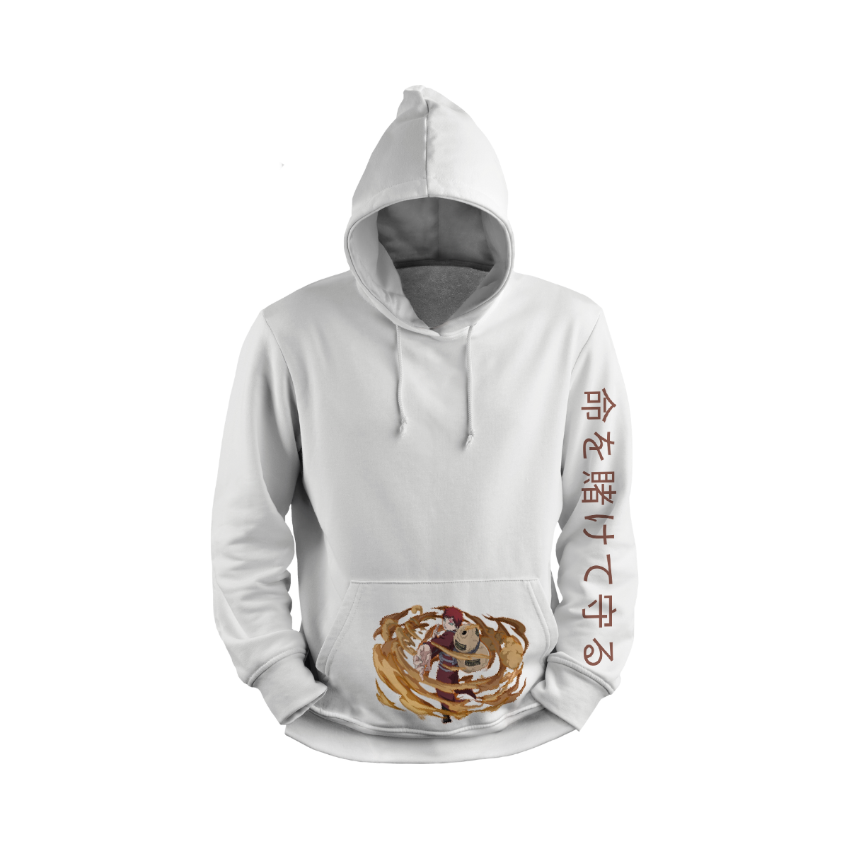 Gaara White hoodie with a Beyblade design and Japanese text on a white background