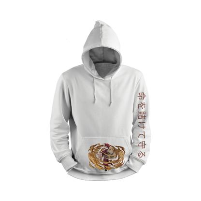 Gaara White hoodie with a Beyblade design and Japanese text on a white background