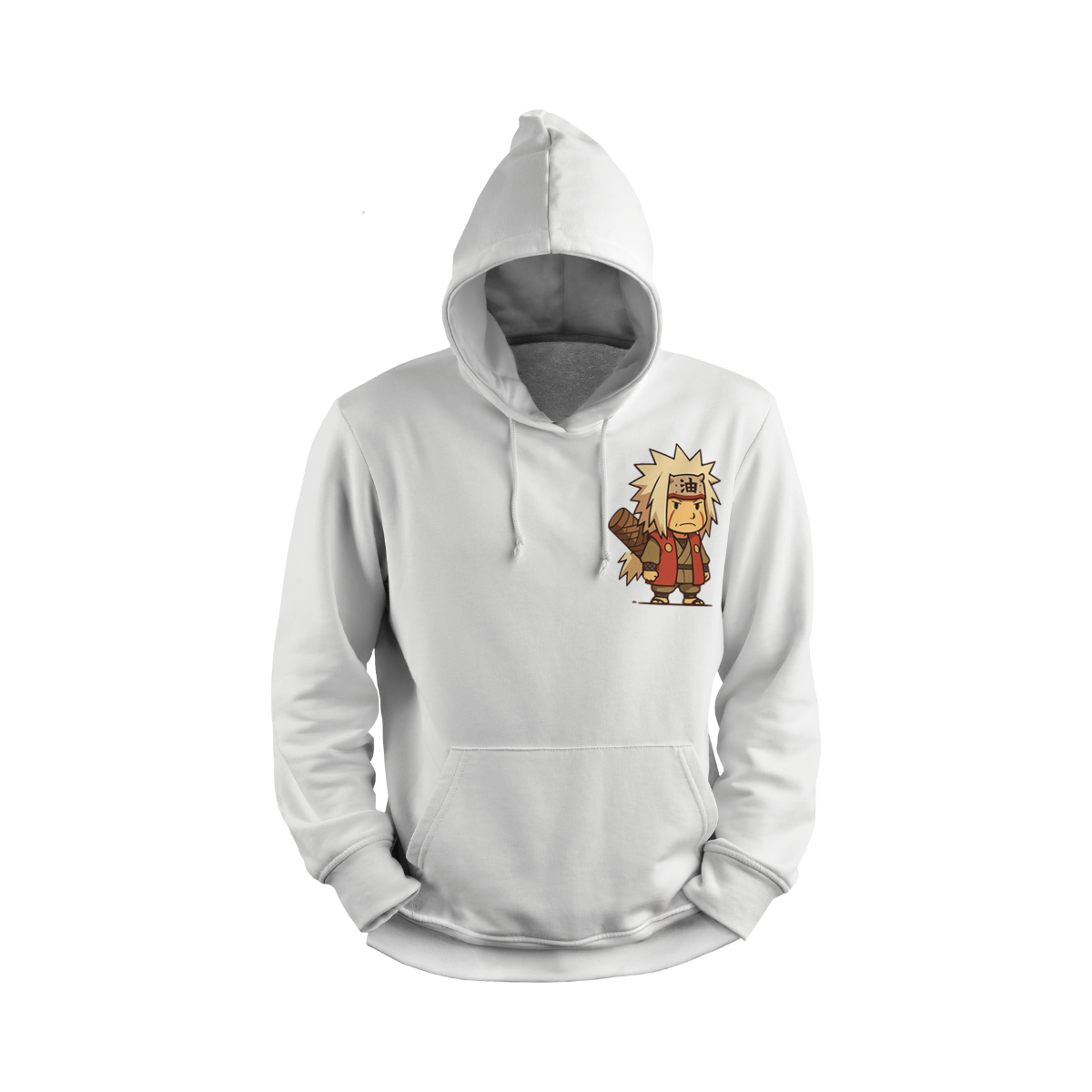 White hoodie with a cartoon character on a white background