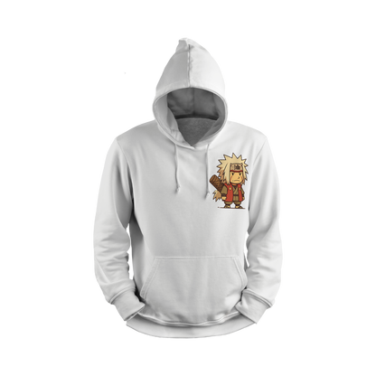 White hoodie with a cartoon character on a white background