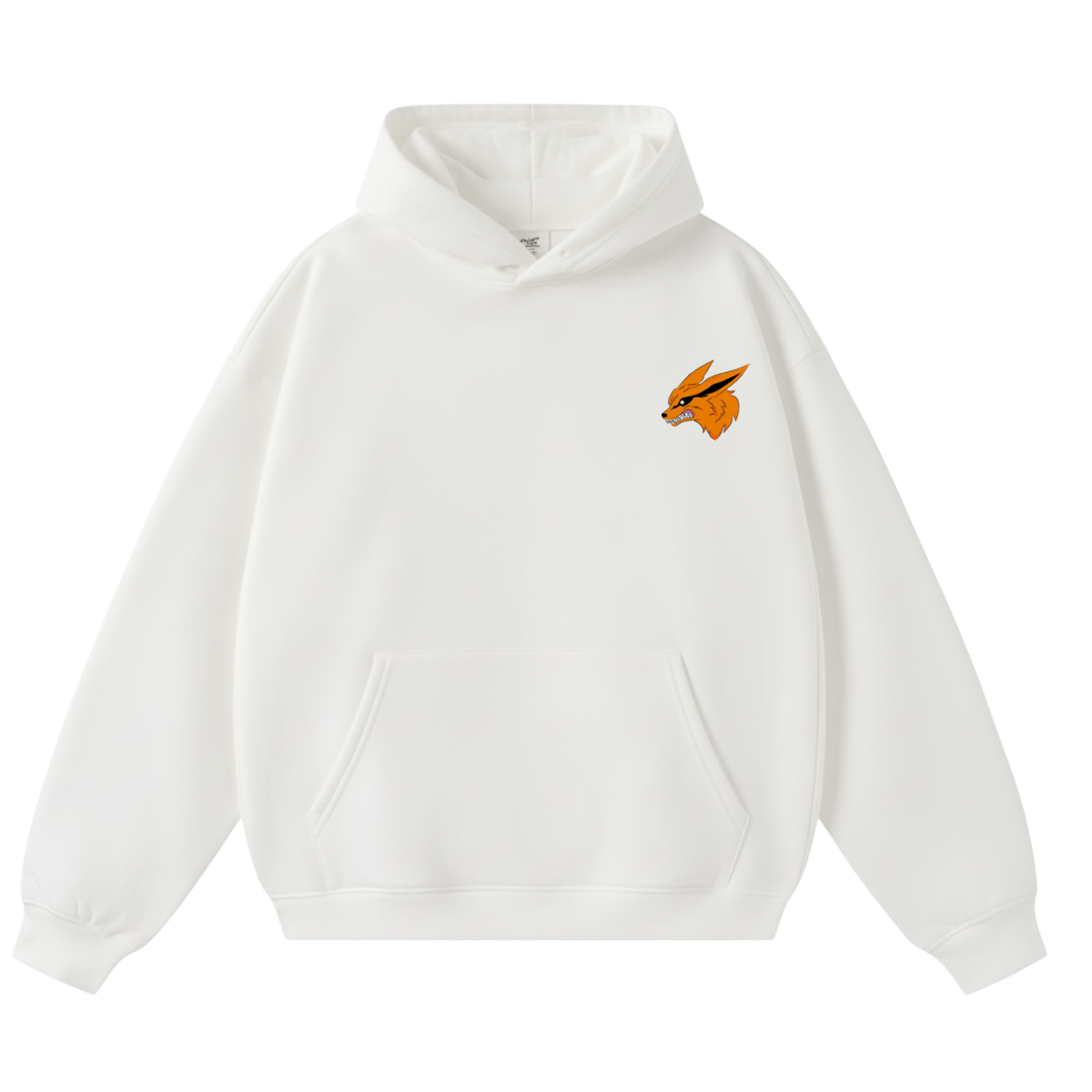 White hoodie with a small orange and black graphic on the chest against a white background