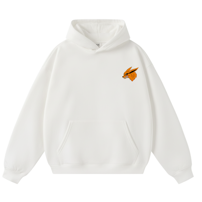 White hoodie with a small orange and black graphic on the chest against a white background