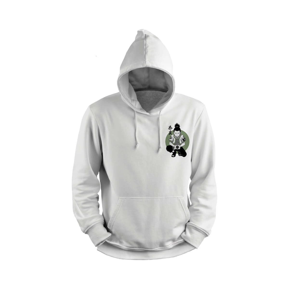 White hoodie with a small graphic on the chest against a white background