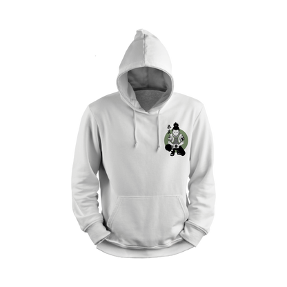 White hoodie with a small graphic on the chest against a white background