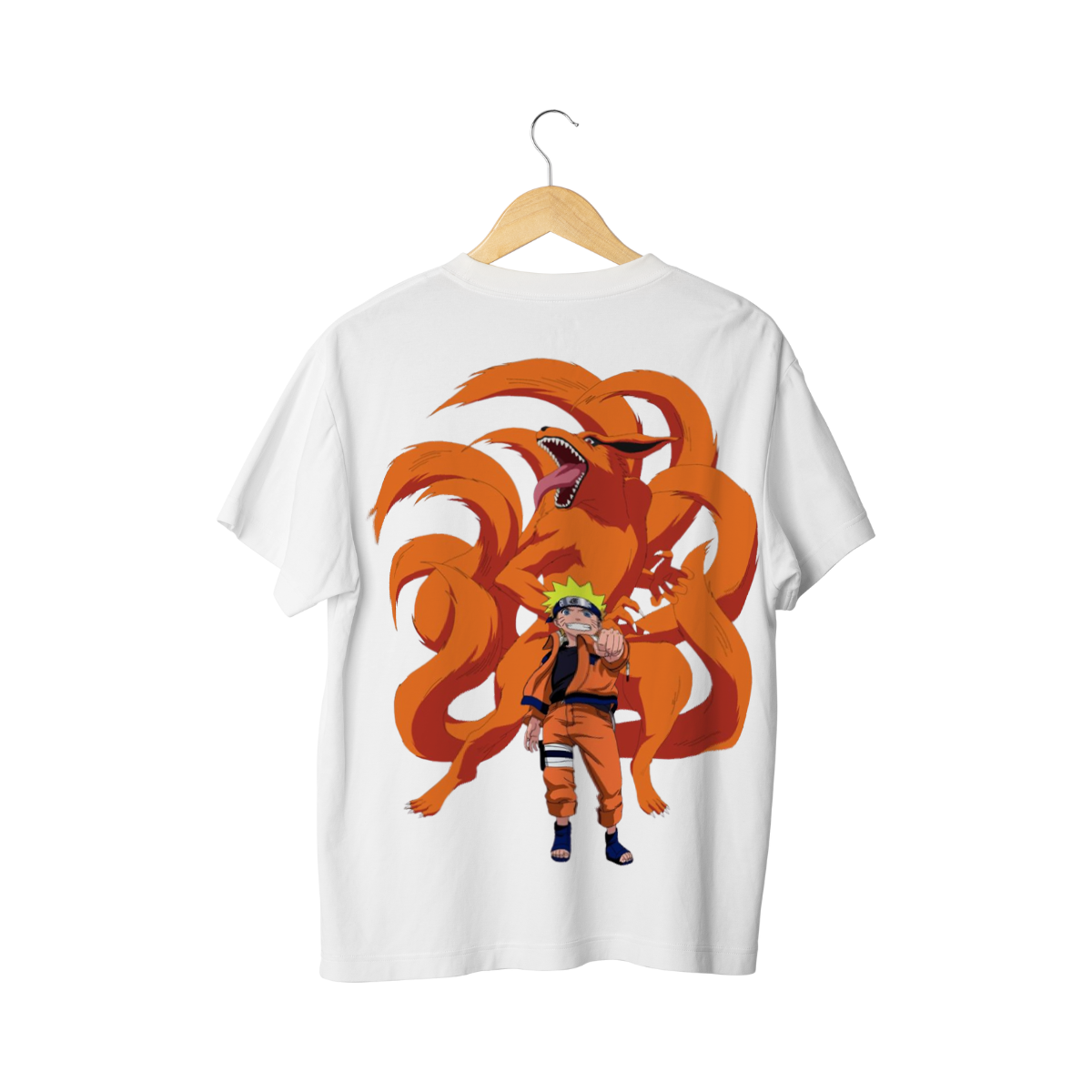 White Naruto  T-shirt with Kurama and Naruto on a hanger against a white background