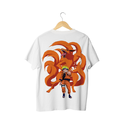 White Naruto  T-shirt with Kurama and Naruto on a hanger against a white background
