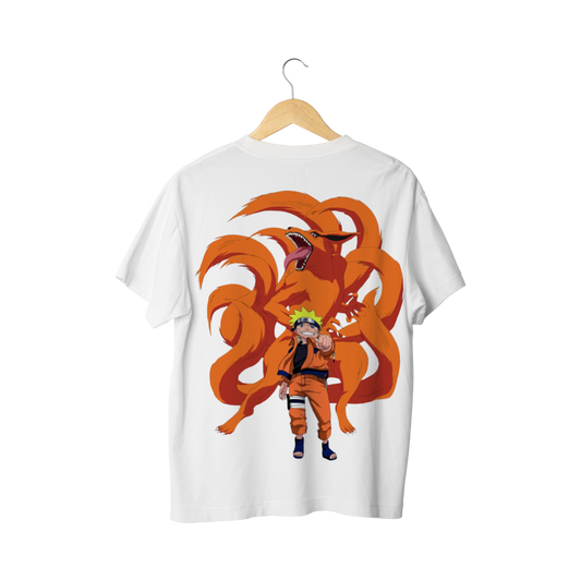 White Naruto  T-shirt with Kurama and Naruto on a hanger against a white background