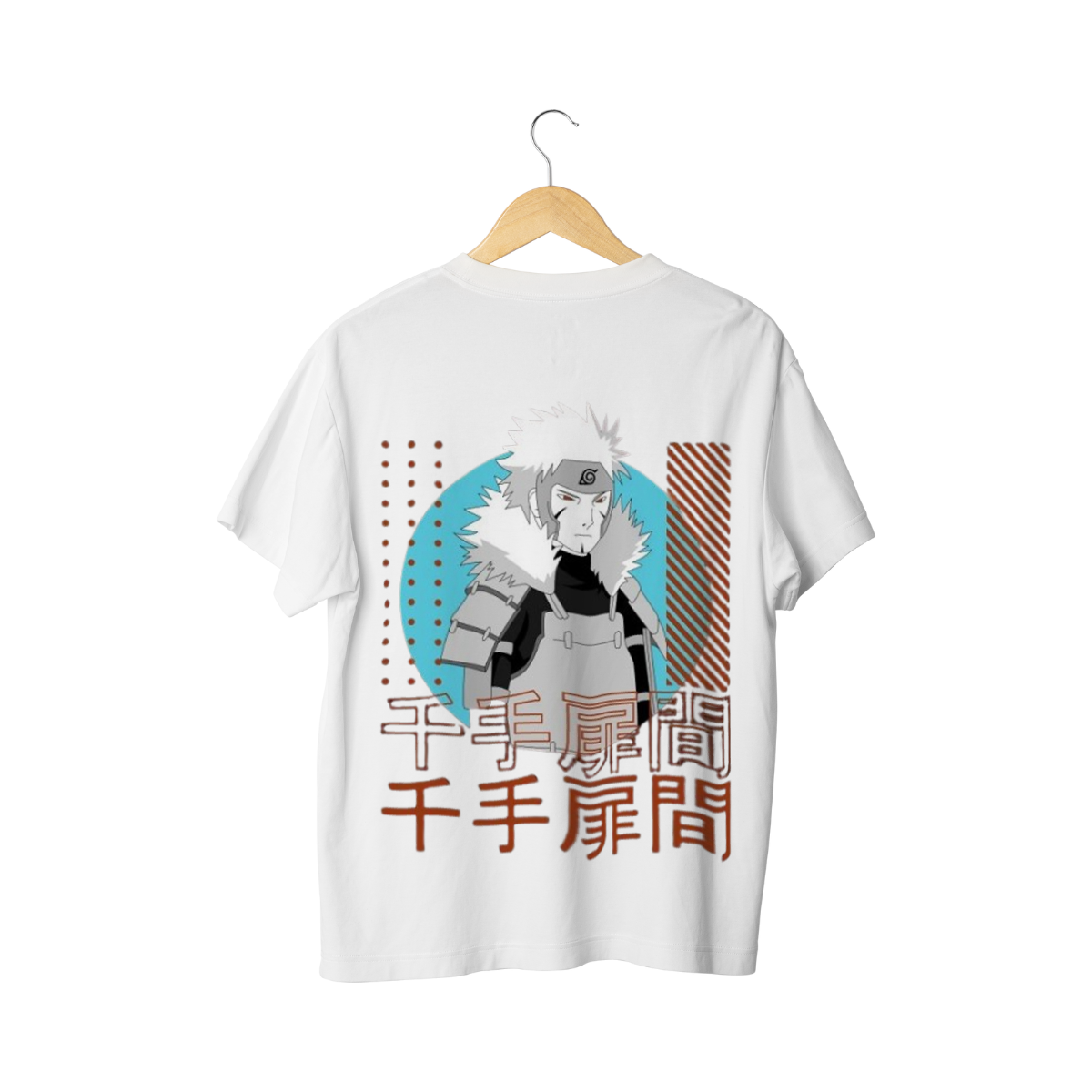 Jiraya White t-shirt with Jiraya design on a hanger