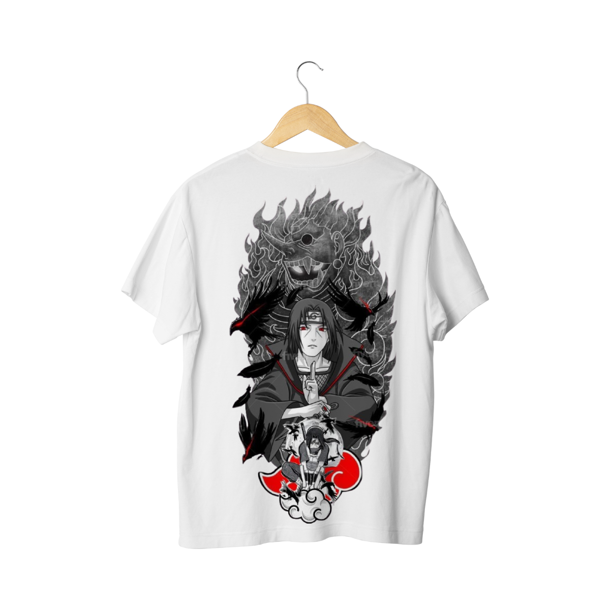 Itachi Uchicha  White t-shirt with black and red graphic design on a white background