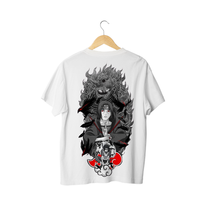 Itachi Uchicha  White t-shirt with black and red graphic design on a white background