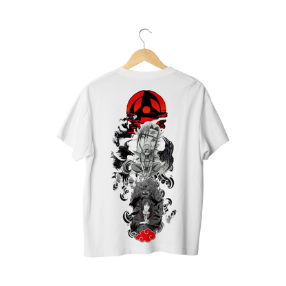 Itachi Uchicha White t-shirt with black and Itachi Uchicha red graphic design on a white background