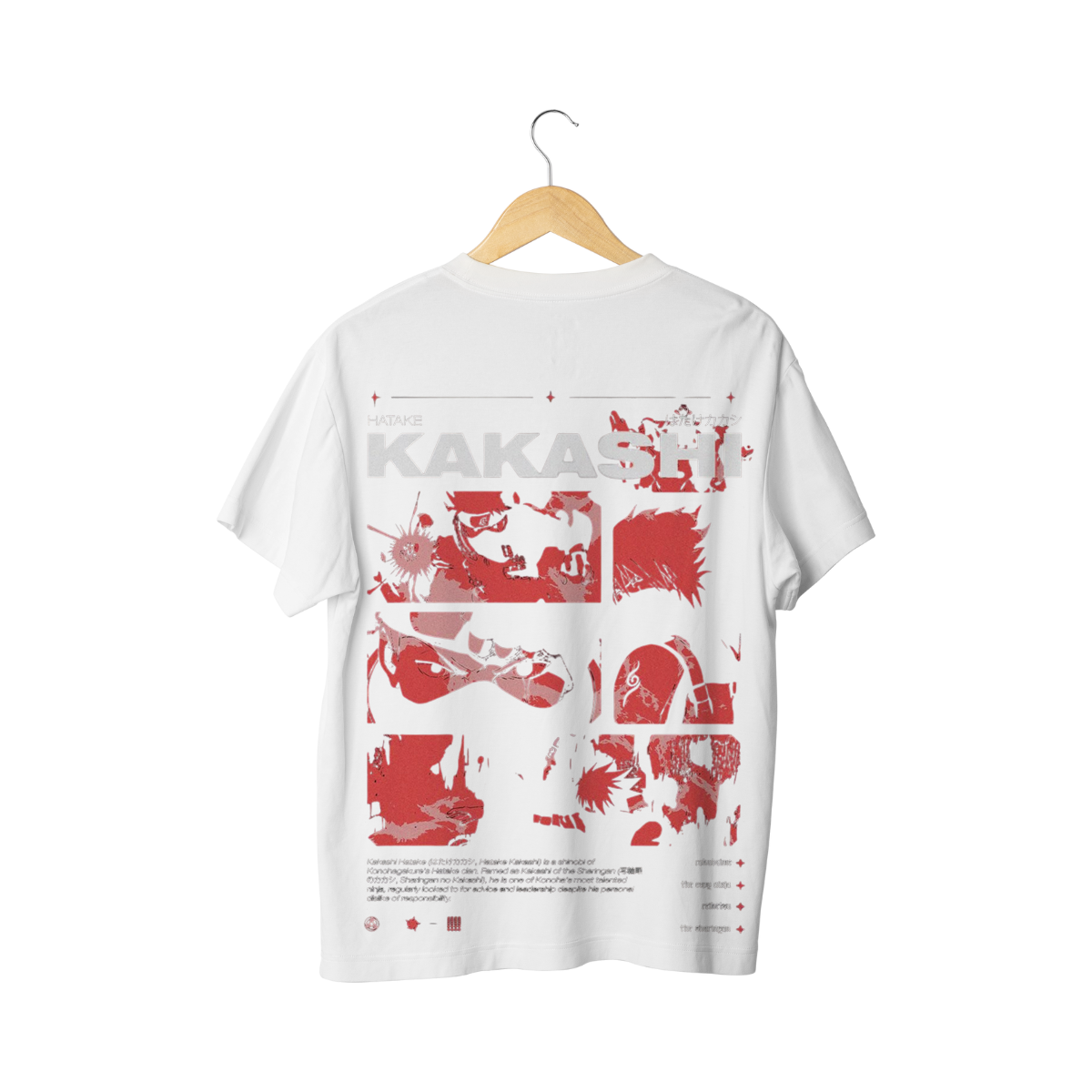 Kakashi Hatake  White t-shirt with red and black graphic design on a hanger