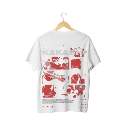 Kakashi Hatake  White t-shirt with red and black graphic design on a hanger