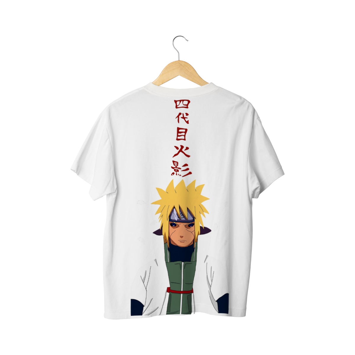 White t-shirt with a Minato Namikaze design and red text on the back, hanging on a wooden hanger against a white background.