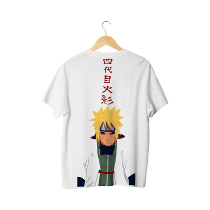 White t-shirt with a Minato Namikaze design and red text on the back, hanging on a wooden hanger against a white background.