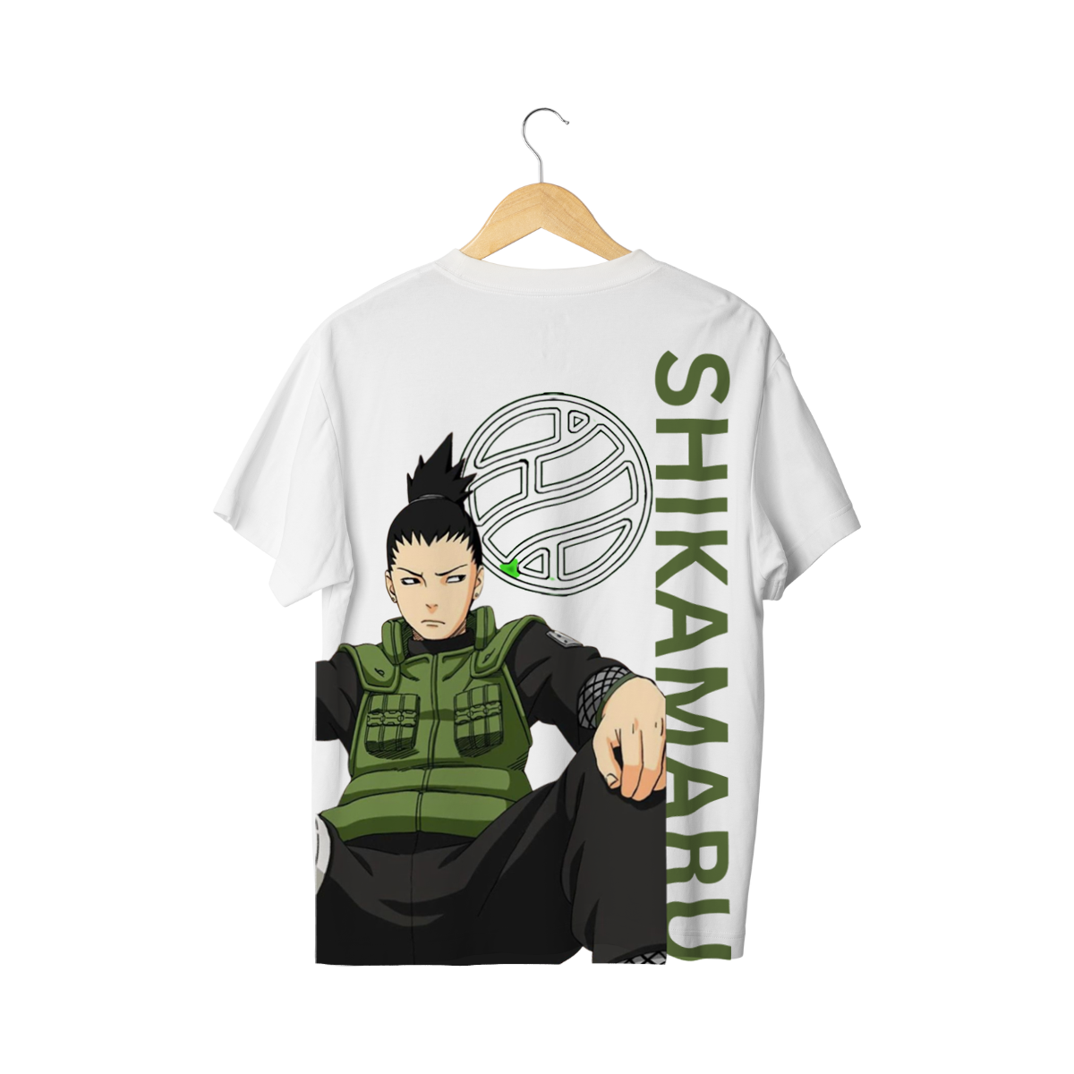 Shikamaru Naru  White t-shirt with 'Shikamaru' text on a hanger