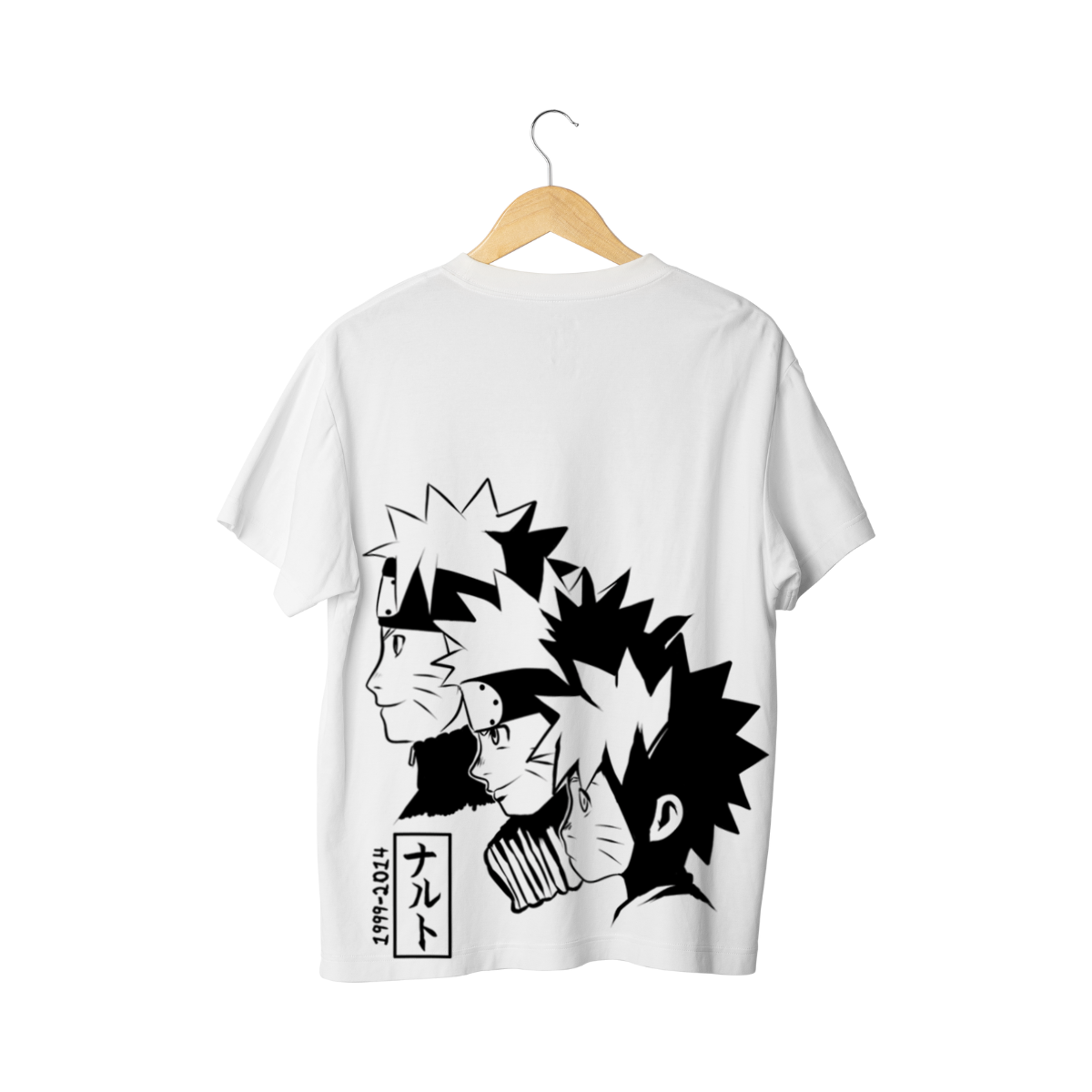 White t-shirt with black NAruto ages design on a hanger against a white background