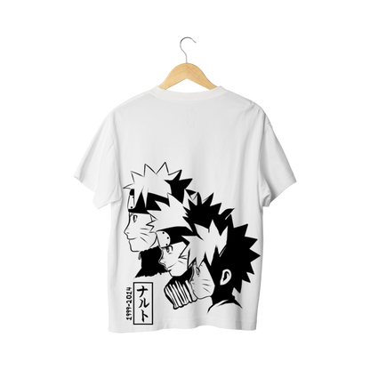 White t-shirt with black NAruto ages design on a hanger against a white background