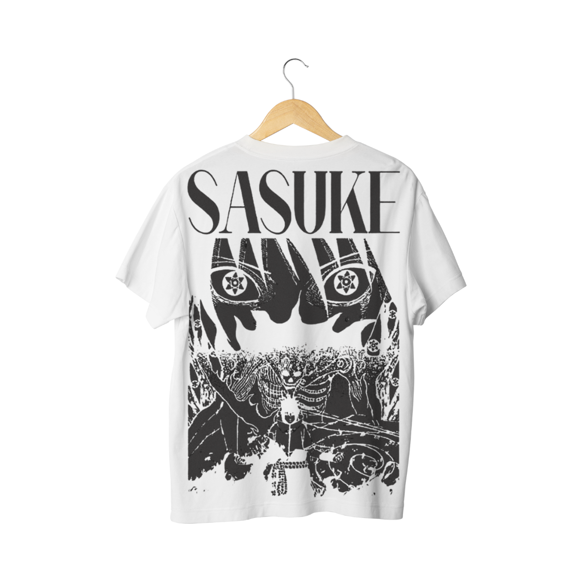White t-shirt with black graphic design and 'SASUKE' text on a hanger against a white background