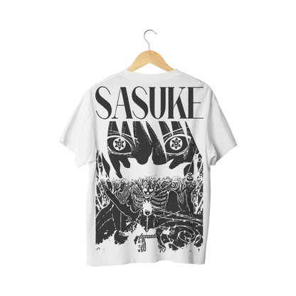 White t-shirt with black graphic design and 'SASUKE' text on a hanger against a white background
