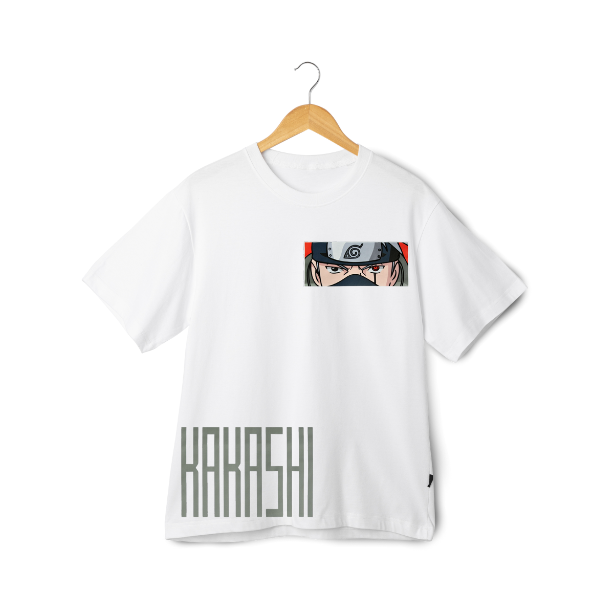 Kakashi Hatake White t-shirt with a graphic and 'Kakashi' text on a hanger