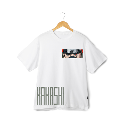 Kakashi Hatake White t-shirt with a graphic and 'Kakashi' text on a hanger