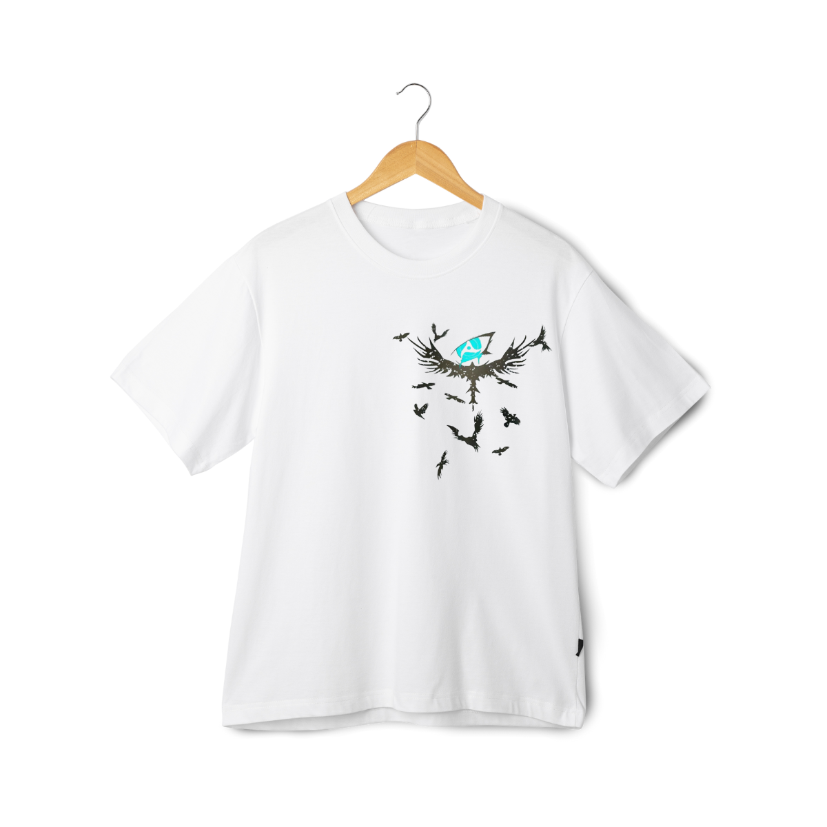 Itachi Uchicha  White t-shirt with a graphic design on a wooden hanger against a white background