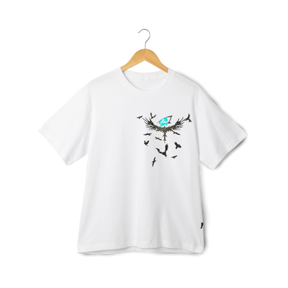 Itachi Uchicha  White t-shirt with a graphic design on a wooden hanger against a white background