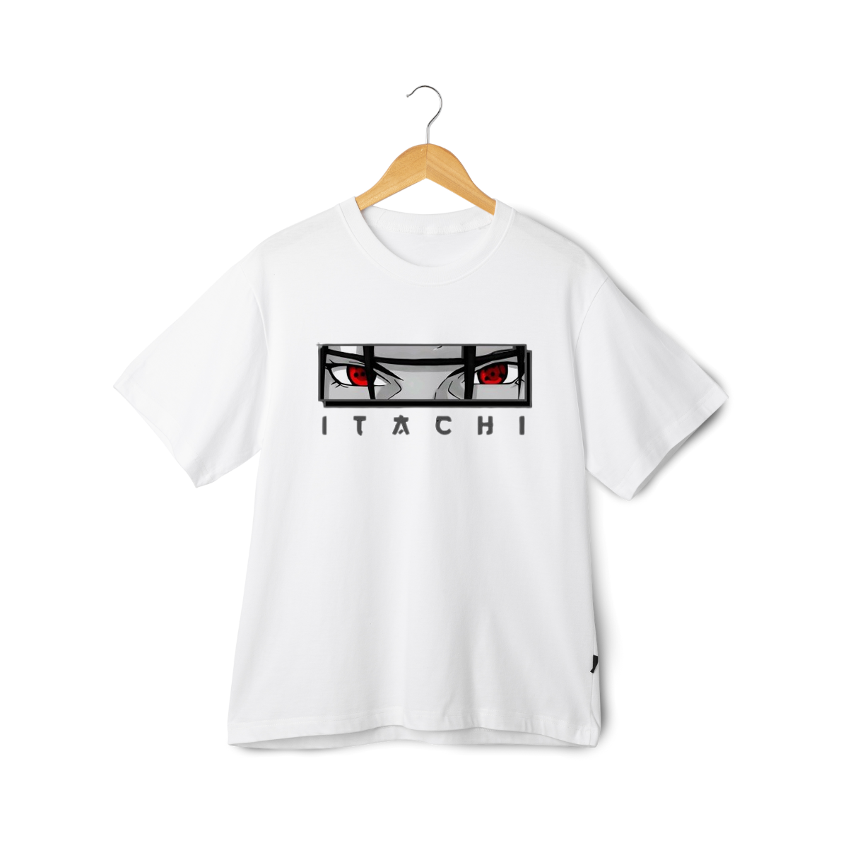 White Itachi Uchicha  t-shirt with Eyes graphic design and text on a white background