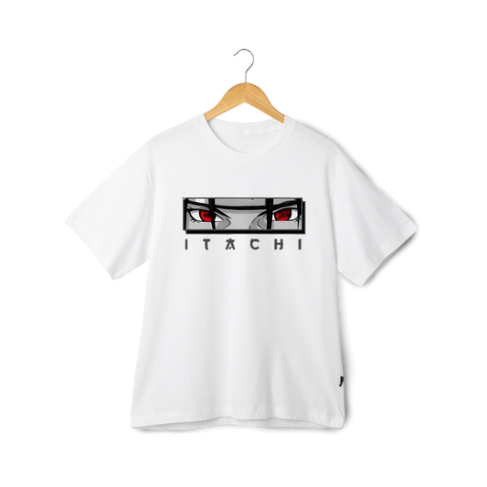 White Itachi Uchicha  t-shirt with Eyes graphic design and text on a white background