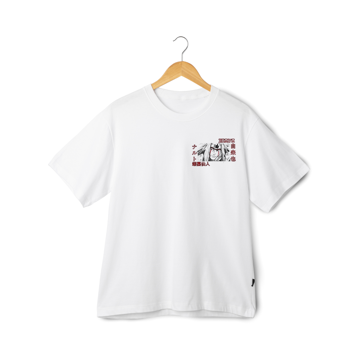 Jiraya  White t-shirt with graphic design on a wooden hanger