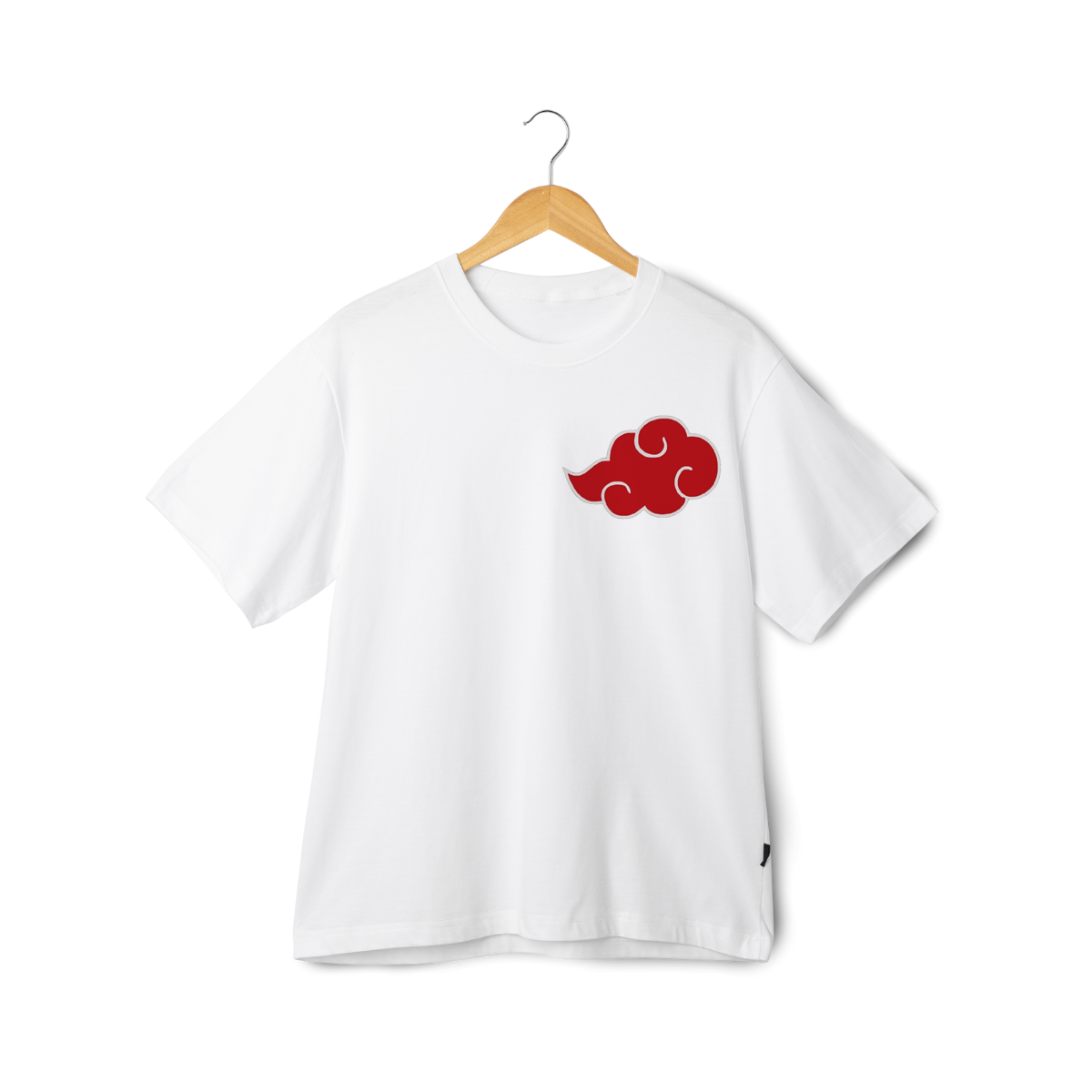 Itachi Uchicha  White t-shirt with a red cloud symbol on a hanger against a white background