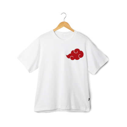 Itachi Uchicha  White t-shirt with a red cloud symbol on a hanger against a white background